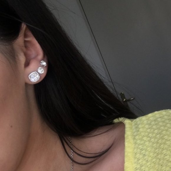 Silver Diamond Halo Cushion Stud Earrings, NEW - Picture 5 of 10